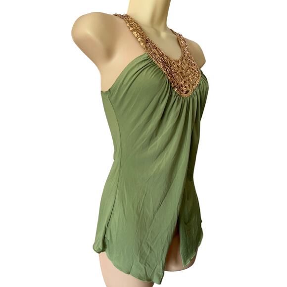 Vintage Fredericks of Hollywood Green/Gold Sequin Knit Top Blouse Size Small - Picture 2 of 8